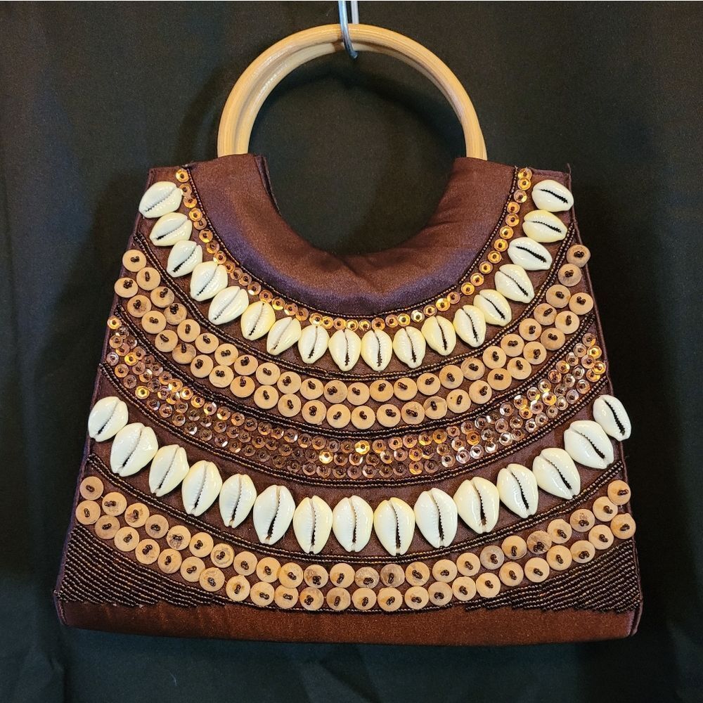 Mangos Silky, Shelled, Wood, and Beaded Handbag 11" x 9" x 3.5"